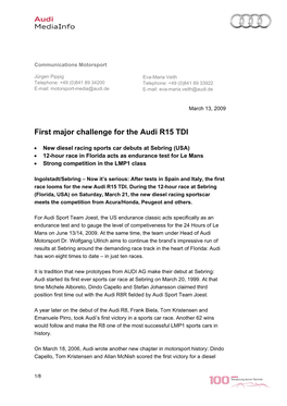 First Major Challenge for the Audi R15 TDI