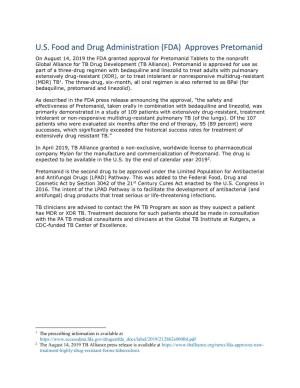 U.S. Food and Drug Administration (FDA) Approves Pretomanid