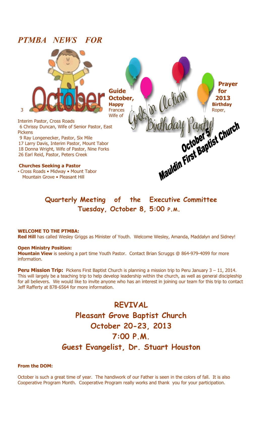 Prayer Guide for October, 2013