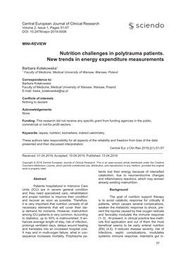 Nutrition Challenges in Polytrauma Patients. New Trends in Energy Expenditure Measurements