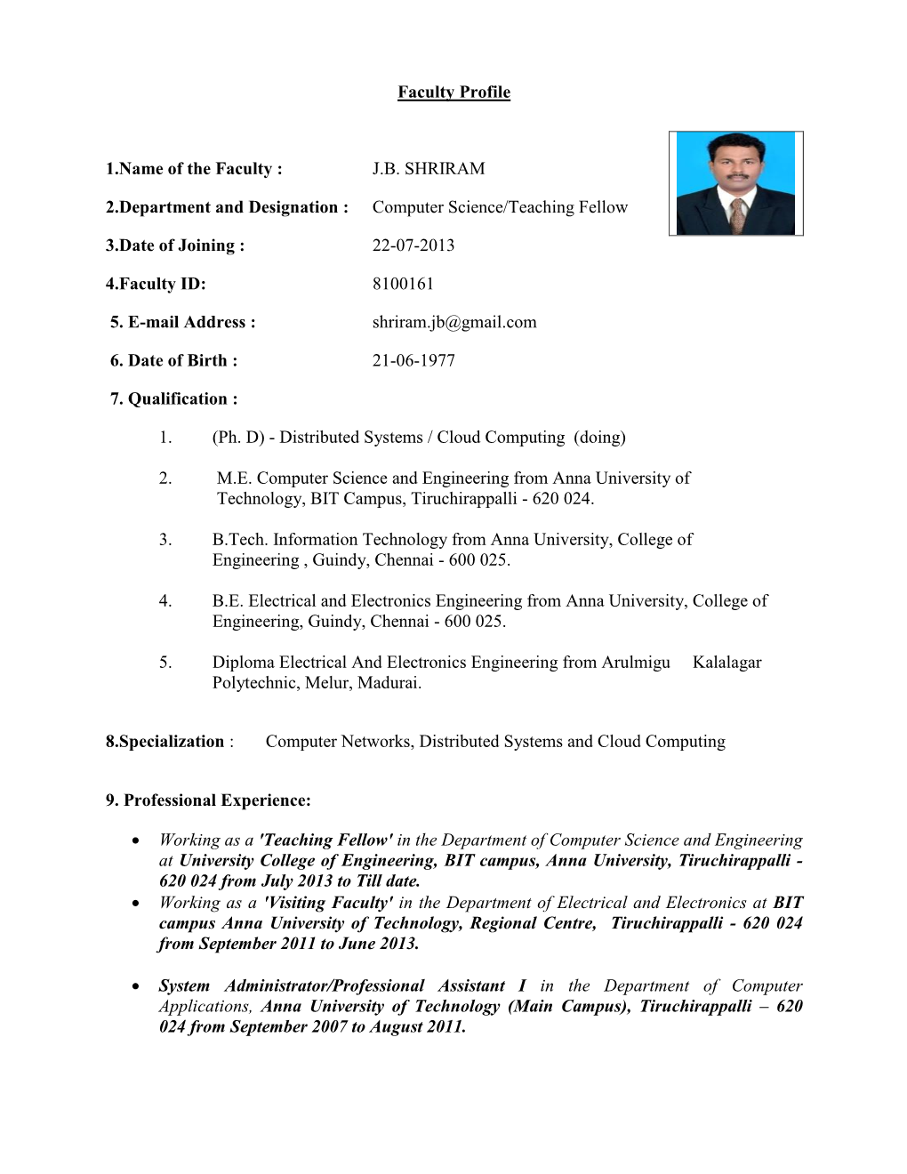 JB SHRIRAM 2.Department and Designation