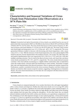 Characteristics and Seasonal Variations of Cirrus Clouds from Polarization Lidar Observations at a ◦ 30 N Plain Site