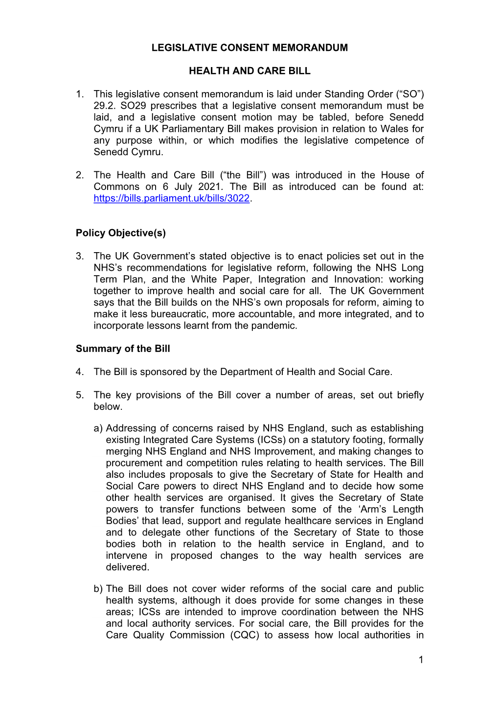 Legislative Consent Memorandum Health and Care Bill