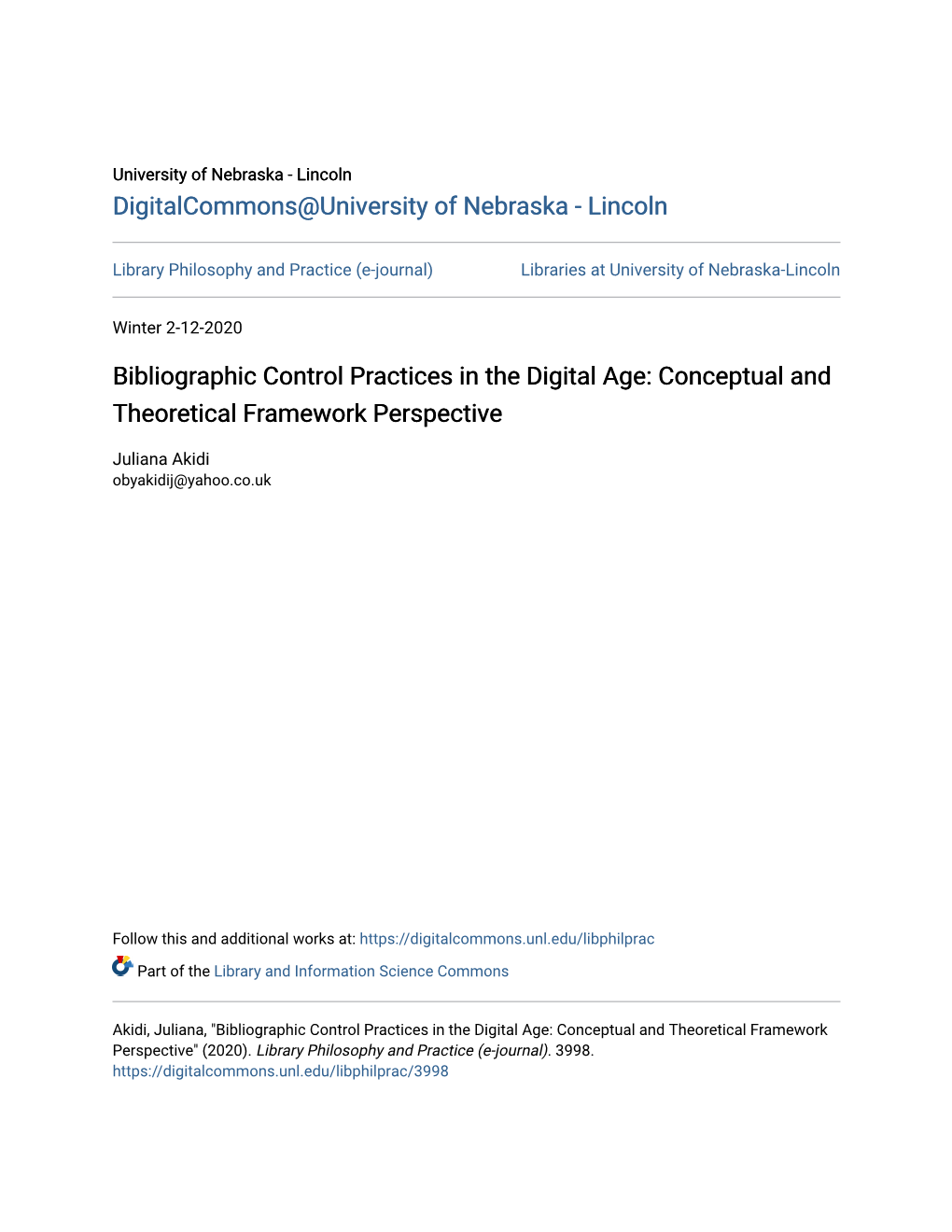 Bibliographic Control Practices in the Digital Age: Conceptual and Theoretical Framework Perspective