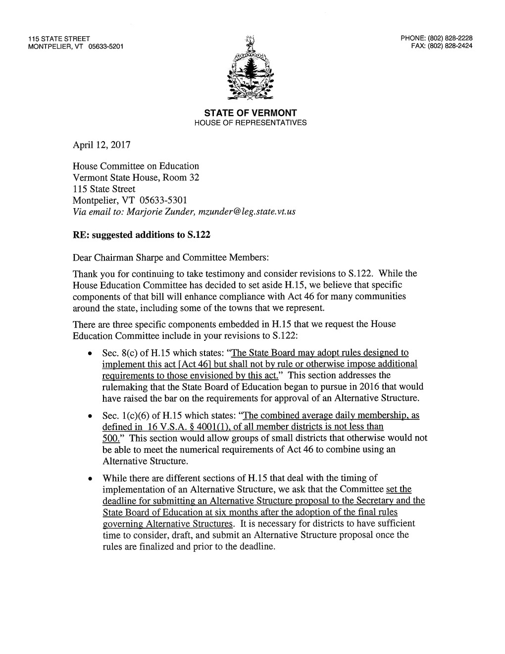 S.122: Letter from Rep. Briglin and Others