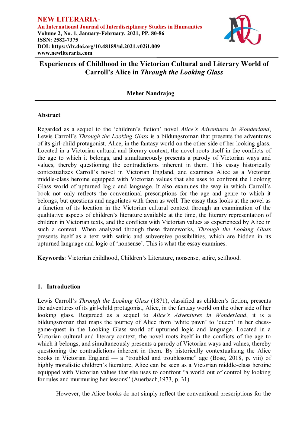 Experiences of Childhood in the Victorian Cultural and Literary World of Carroll’S Alice in Through the Looking Glass