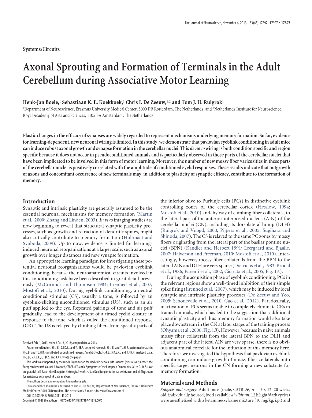 Axonal Sprouting and Formation of Terminals in the Adult Cerebellum During Associative Motor Learning