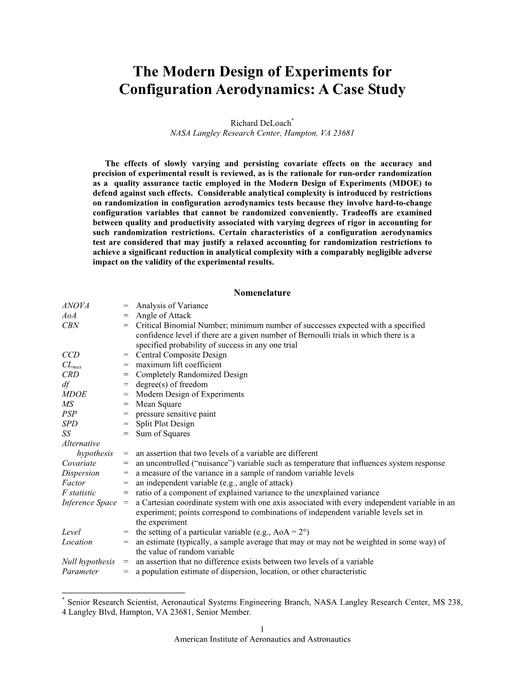 The Modern Design of Experiments for Configuration Aerodynamics: a Case Study