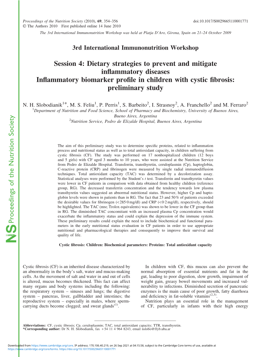 Inflammatory Biomarker Profile in Children with Cystic Fibrosis