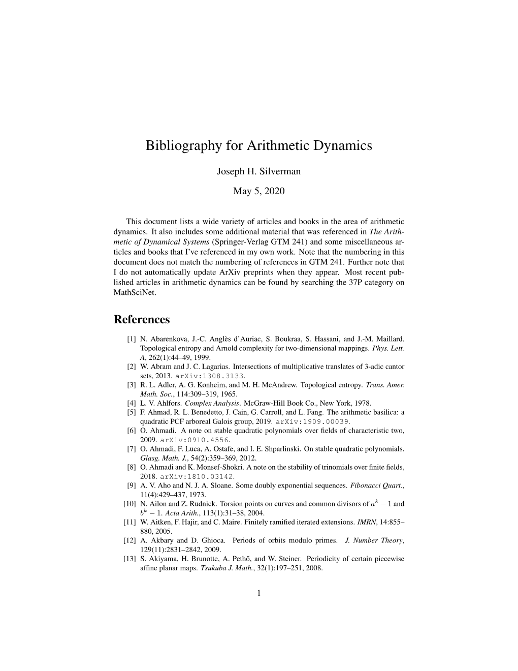 Bibliography for Arithmetic Dynamical Systems