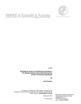 Ontological Issues in Evolutionary Economics: the Debate Between Generalized Darwinism and the Continuity Hypothesis