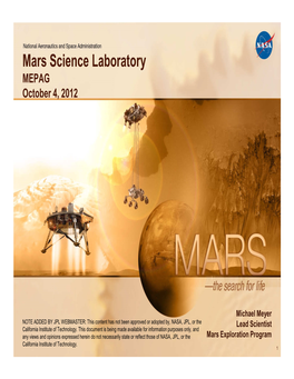 Mars Science Laboratory MEPAG October 4, 2012