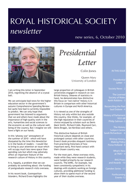 ROYAL HISTORICAL SOCIETY Newsletter Presidential Letter