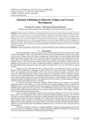 Scholarly Publishing in Malaysia: Origins and Current Development
