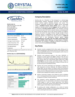 Company Description Key Points Geovax Labs, Inc. GOVX-NASDAQ