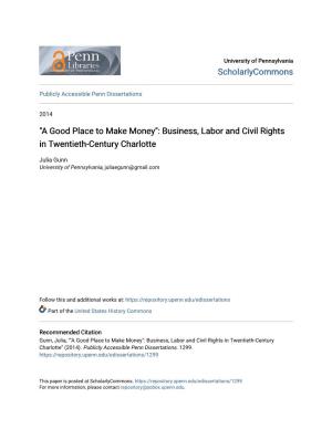 Business, Labor and Civil Rights in Twentieth-Century Charlotte