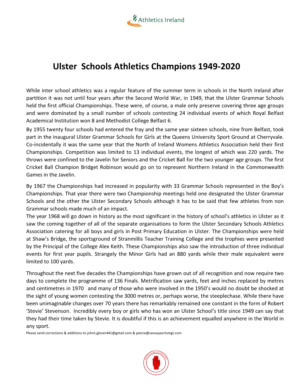Ulster Schools Athletics Championship 1949-2020