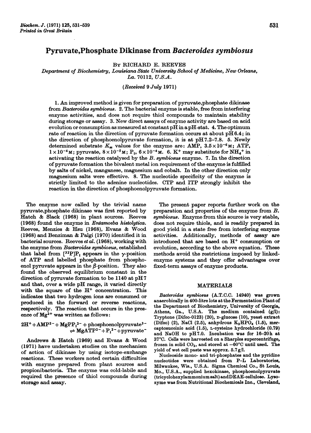 Pyruvate,Phosphate Dikinase from Bacteroides Symbiosus by RICHARD E