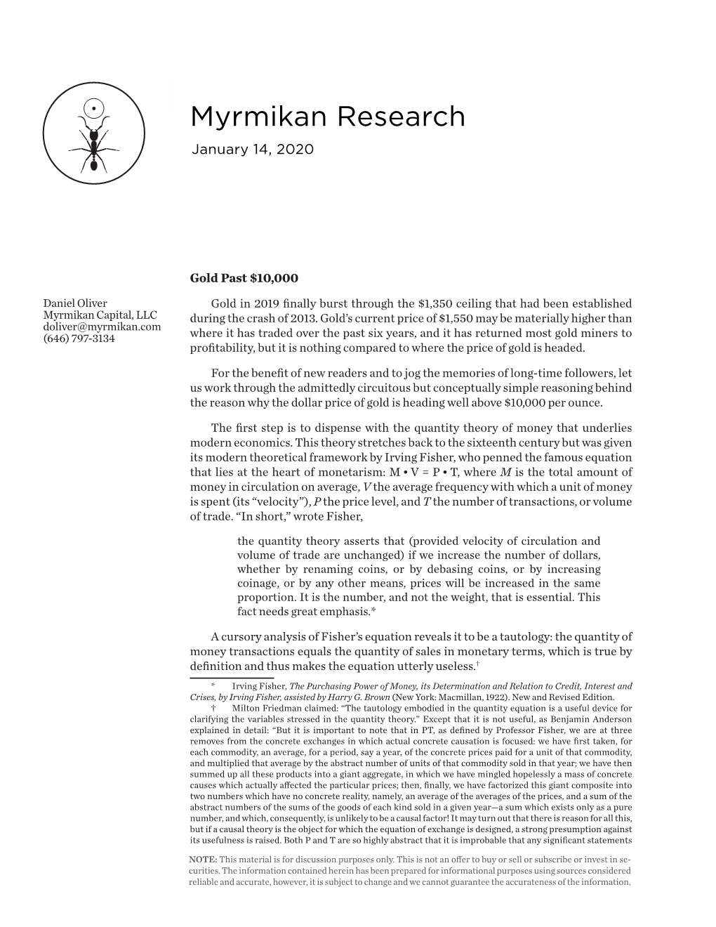 Myrmikan Research January 14, 2020