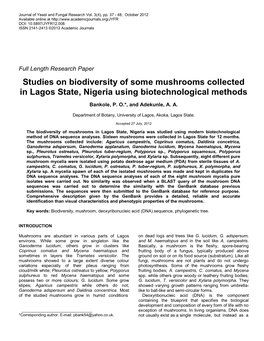 Studies on Biodiversity of Some Mushrooms Collected in Lagos State, Nigeria Using Biotechnological Methods