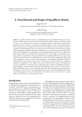 2. Fossil Record and Origin of Squaliform Sharks Jürgen Kriwet* Staatliches Museum Für Naturkunde, Rosenstein 1, 70191 Stuttgart, Germany