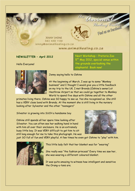 NEWSLETTER – April 2012 Next Workshop – Pretoria Zoo 5Th May 2012, Special Venue Within the Grounds Overlooking the Elephant