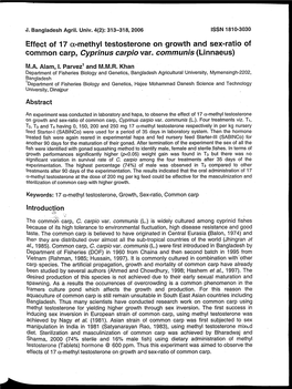 Effect of 17 A-Methyl Testosterone on Growth and Sex-Ratio of Common Carp Cyprinus Carpio Var. Communis(Linnaeus)