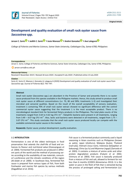 Development and Quality Evaluation of Small Rock Oyster Sauce from Saccostrea Spp