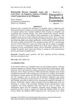 Relationship Between Intangible Assets and Cash Flows: an Empirical Analysis of Publicly Listed Corporations in the Philippines