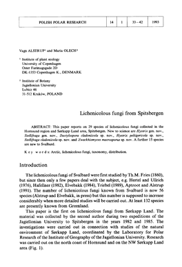 Lichenicolous Fungi from Spitsbergen Introduction