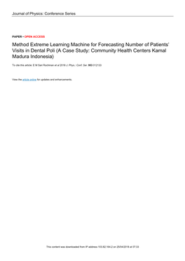 Method Extreme Learning Machine for Forecasting Number of Patients’ Visits in Dental Poli (A Case Study: Community Health Centers Kamal Madura Indonesia)