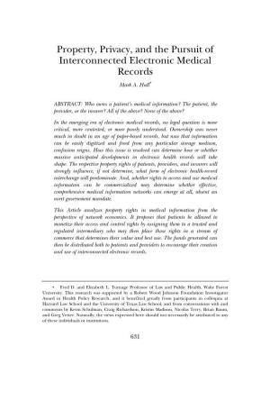 Property, Privacy, and the Pursuit of Interconnected Electronic Medical Records Mark A