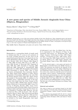 A New Genus and Species of Middle Jurassic Rhagionids from China (Diptera, Rhagionidae)