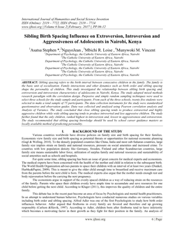 Sibling Birth Spacing Influence on Extroversion, Introversion and Aggressiveness of Adolescents in Nairobi, Kenya
