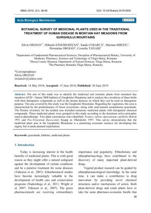 Botanical Survey of Medicinal Plants Used in the Traditional Treatment of Human Disease in Montain Hay Meadows from Gurghiului Mountains