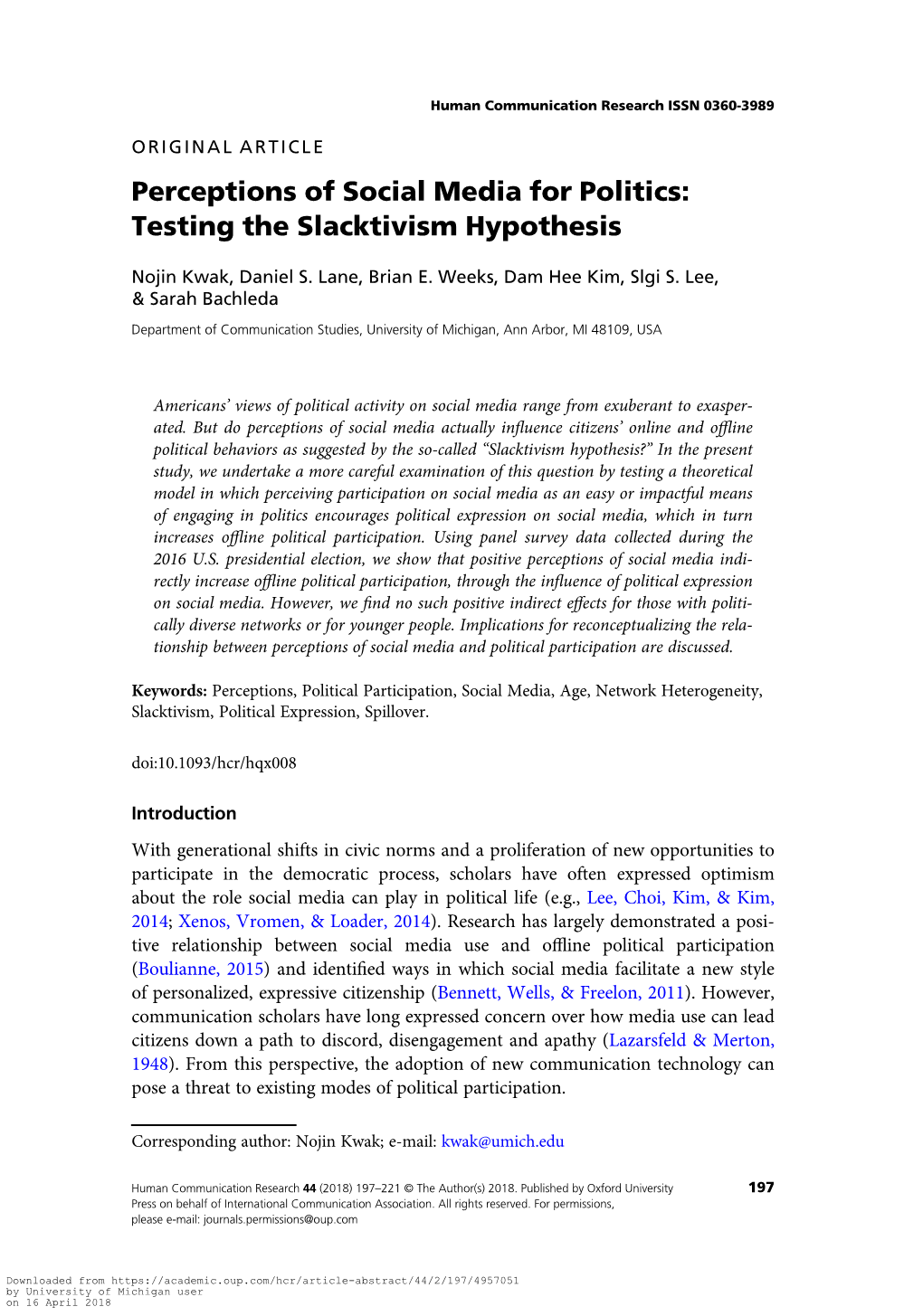 Perceptions of Social Media for Politics: Testing the Slacktivism Hypothesis