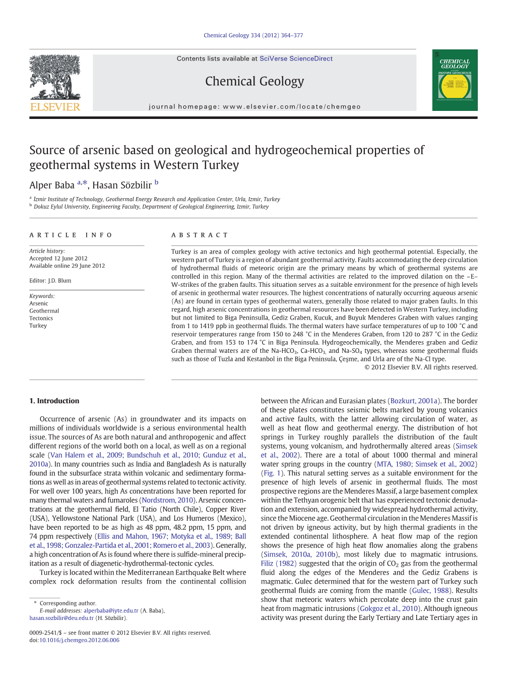 Source of Arsenic Based on Geological and Hydrogeochemical Properties of Geothermal Systems in Western Turkey