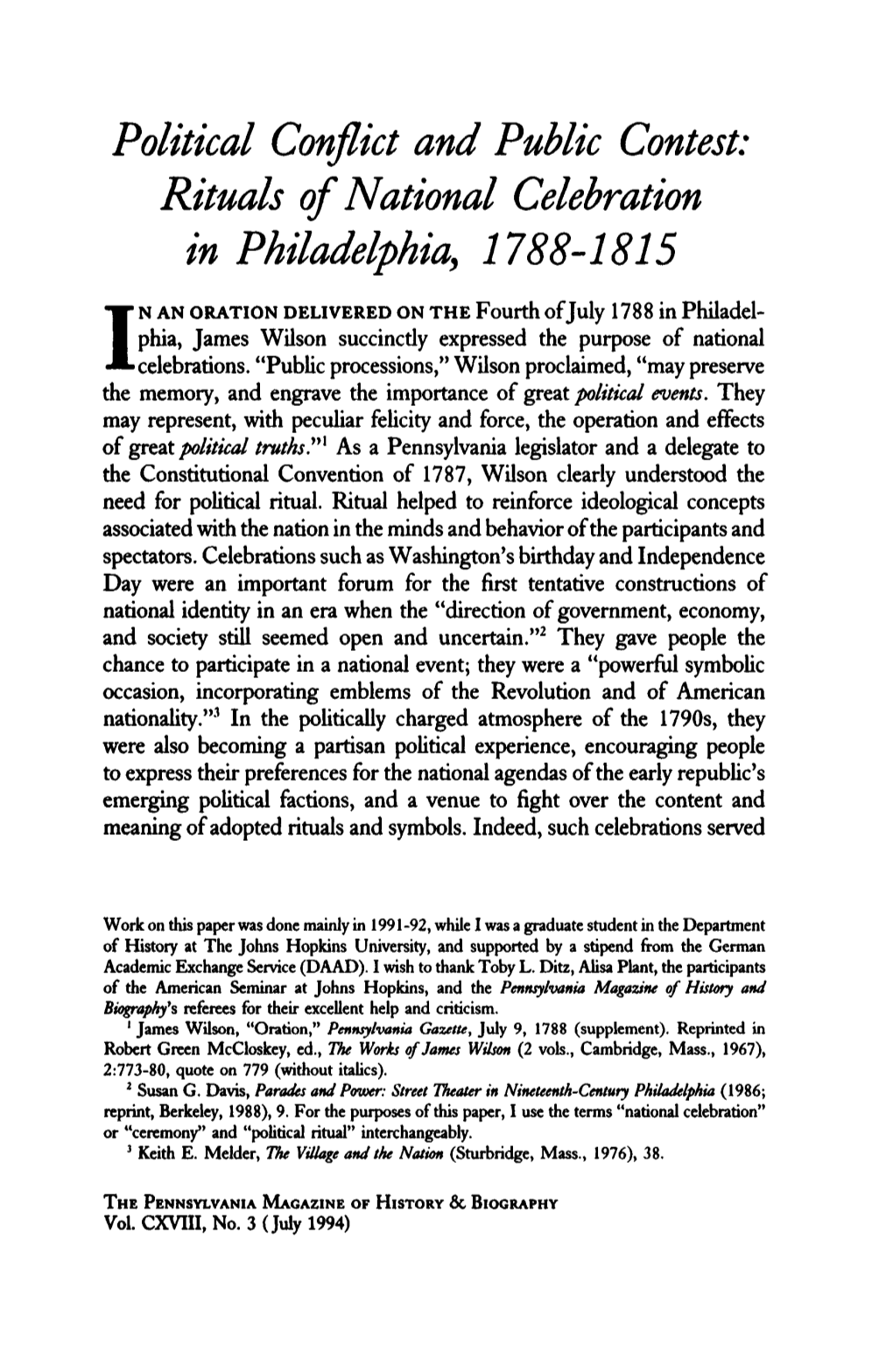 Rituals of National Celebration in Philadelphia, 1788-1815