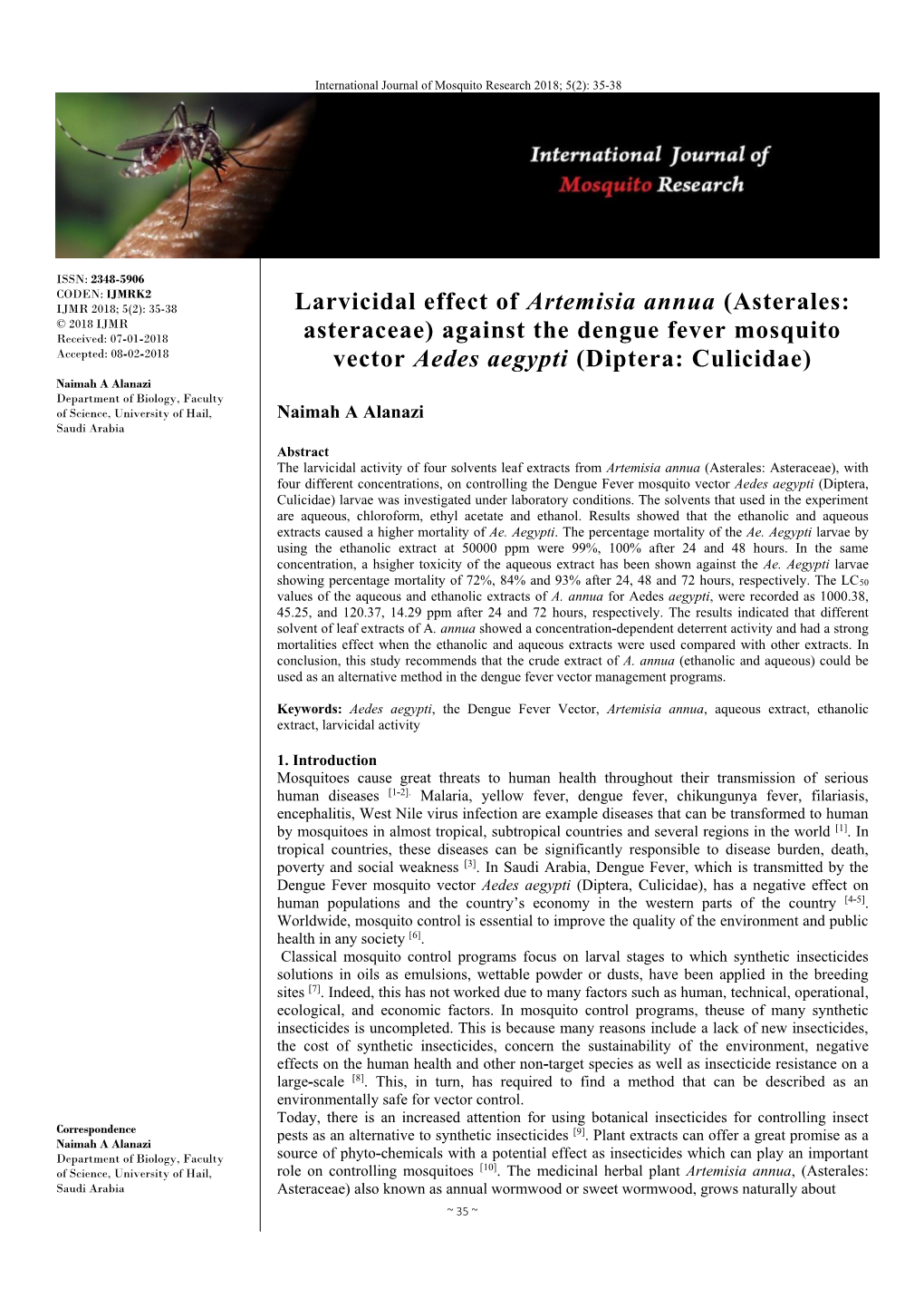 Larvicidal Effect of Artemisia Annua (Asterales: Asteraceae) Against the Dengue Fever Mosquito Vector Aedes Aegypti (Diptera: Cu