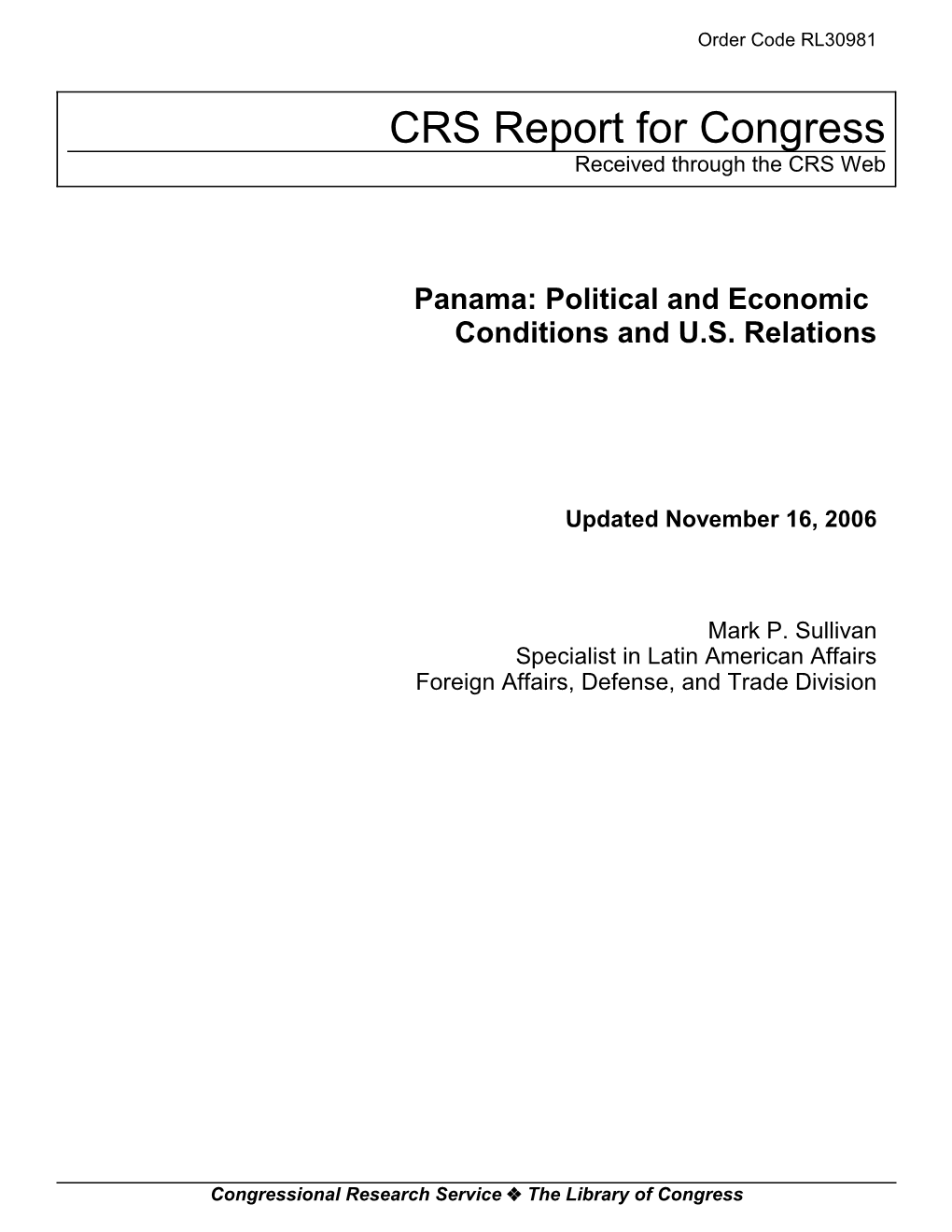 Panama: Political and Economic Conditions and U.S