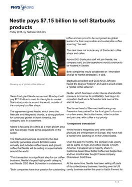 Nestle Pays $7.15 Billion to Sell Starbucks Products 7 May 2018, by Nathalie Olof-Ors