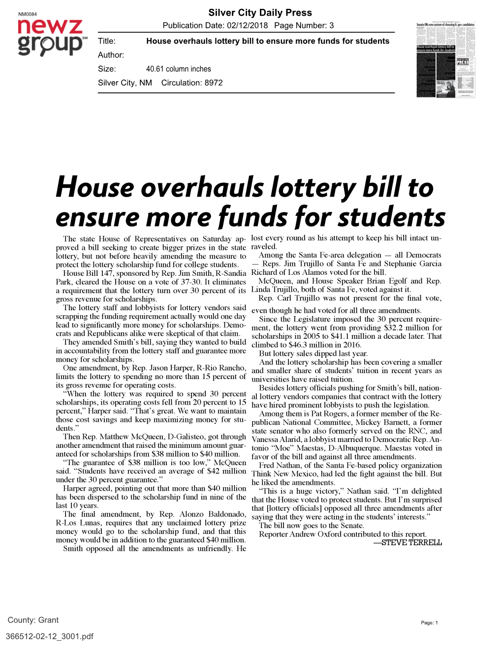 House Overhauls Lottery Bill to Ensure More Funds for Students Author: Size: 40.61 Column Inches Silver City, NM Circulation: 8972