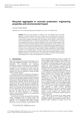 Recycled Aggregates in Concrete Production: Engineering Properties and Environmental Impact