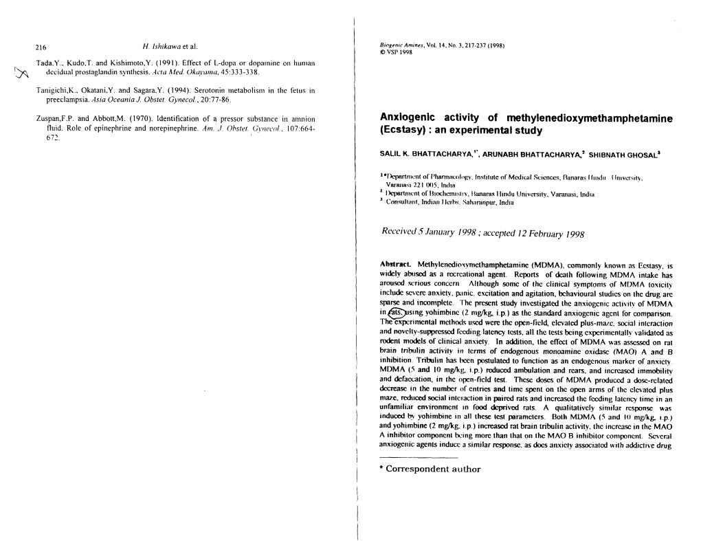 Anxiogenic Activity of Methylenedioxymethamphetamine Fluid