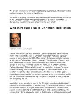 Who Introduced Us to Christian Meditation