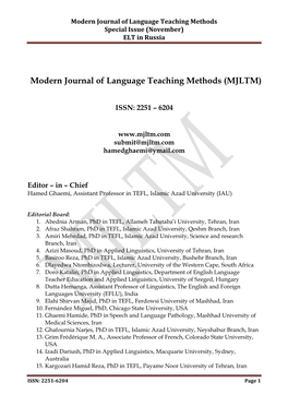 Modern Journal of Language Teaching Methods Special Issue (November) ELT in Russia