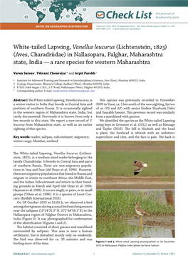 White-Tailed Lapwing, Vanellus Leucurus (Lichtenstein, 1823)(Aves, Charadriidae) in Nallasopara, Palghar, Maharashtra State, India—A Rare Species for Western Maharashtra