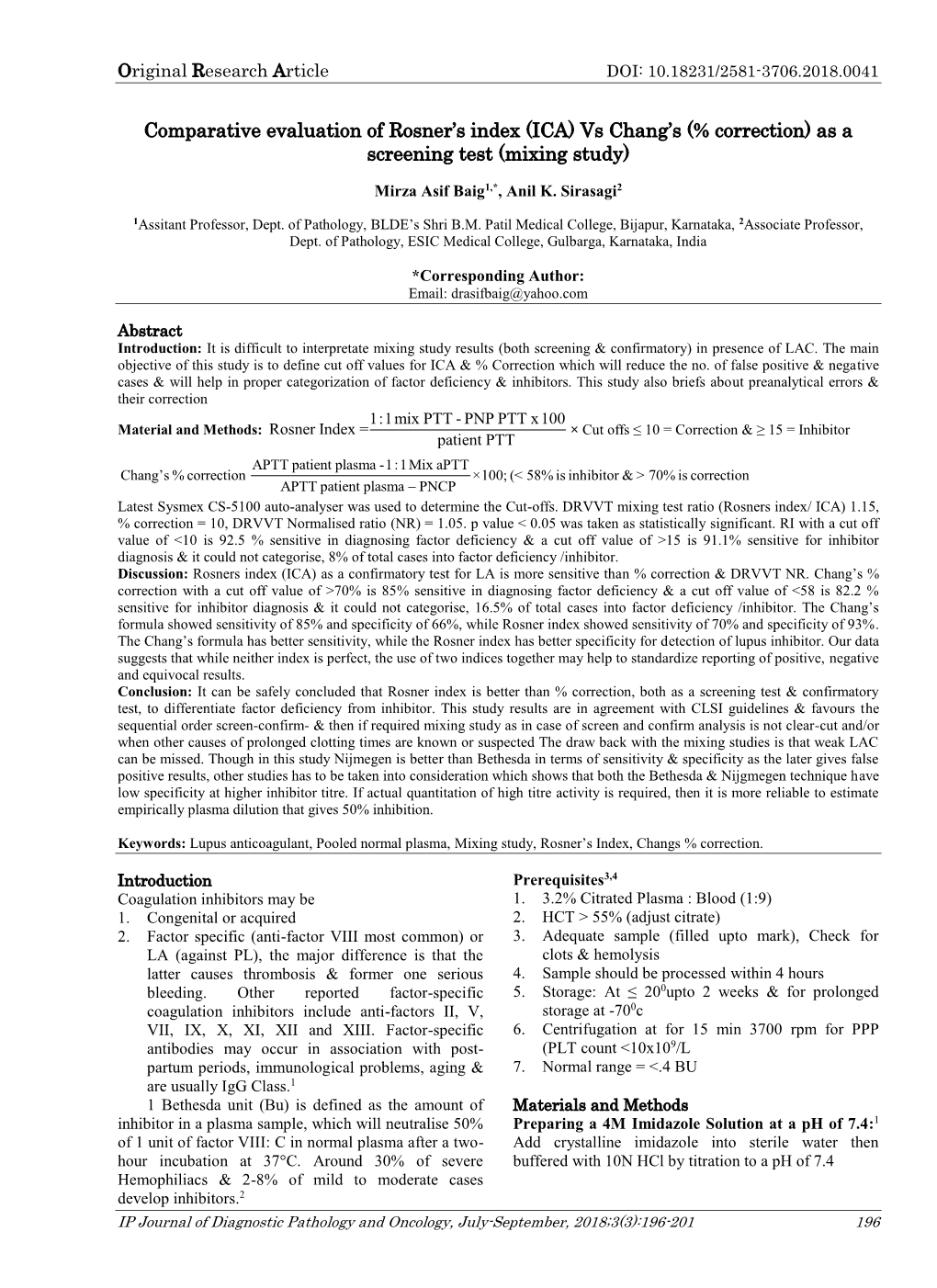 Comparative Evaluation of Rosner's Index (ICA) Vs Chang's