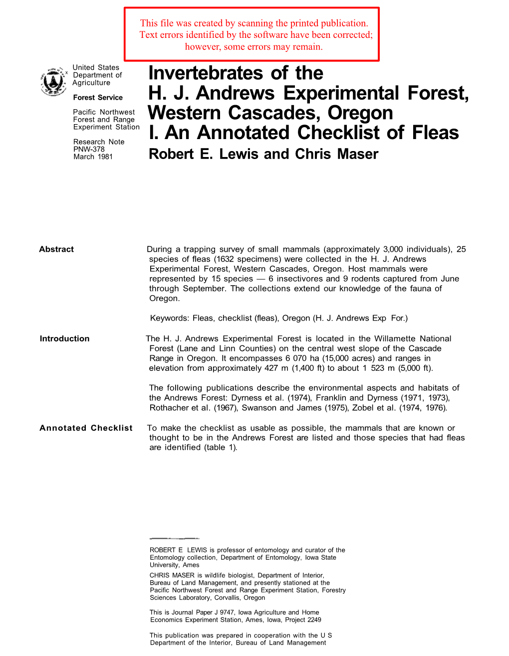 Invertebrates of the H. J. Andrews Experimental Forest, Western