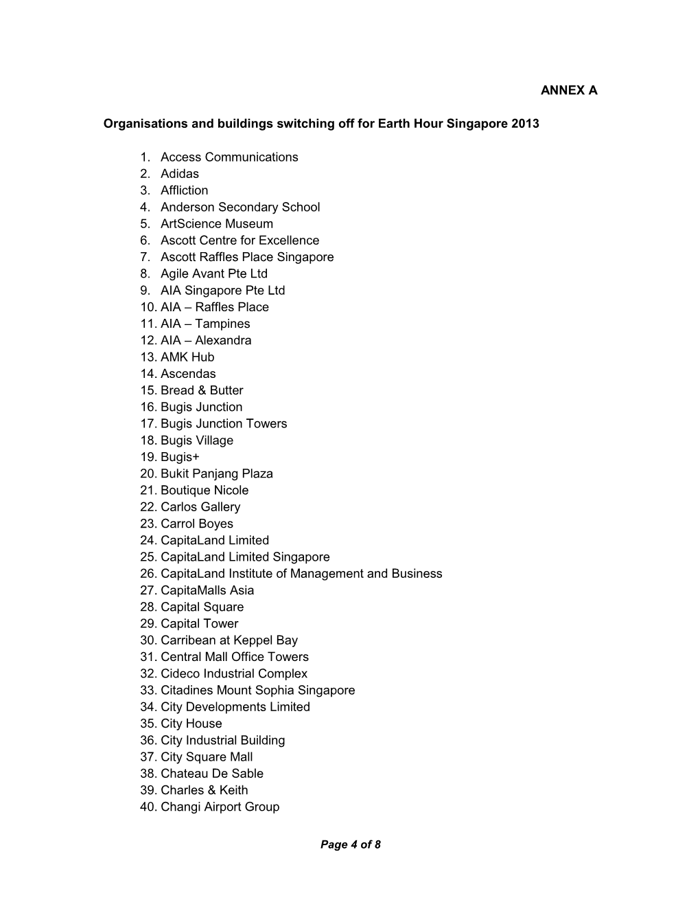 ANNEX a Organisations and Buildings Switching Off for Earth Hour